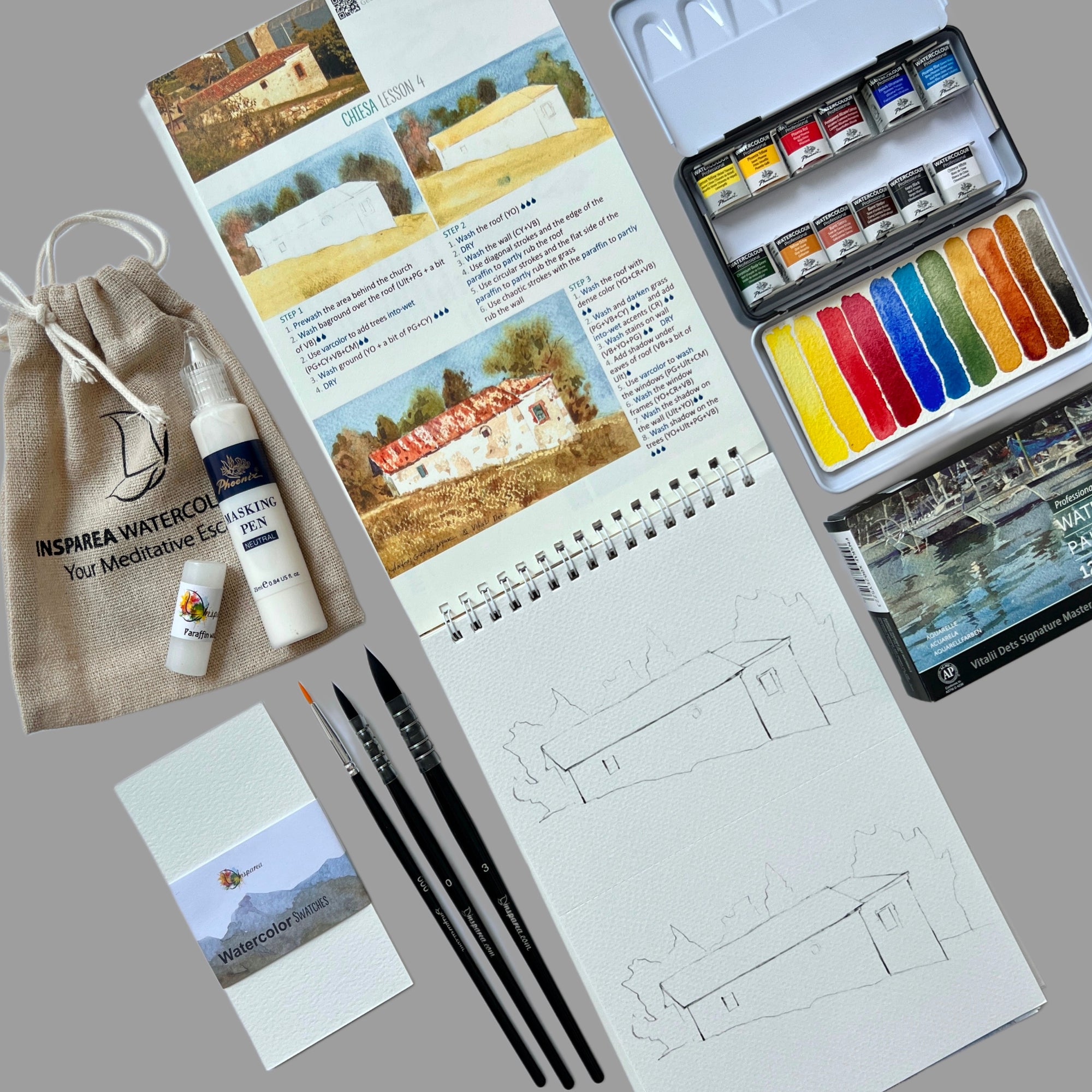 Watercolor Kit (Enhanced) with Workbook Italy 140 lb Premium Watercolor Paper PRO-level Paints Sketchbook FREE SHIP Insparea 17 Lessons