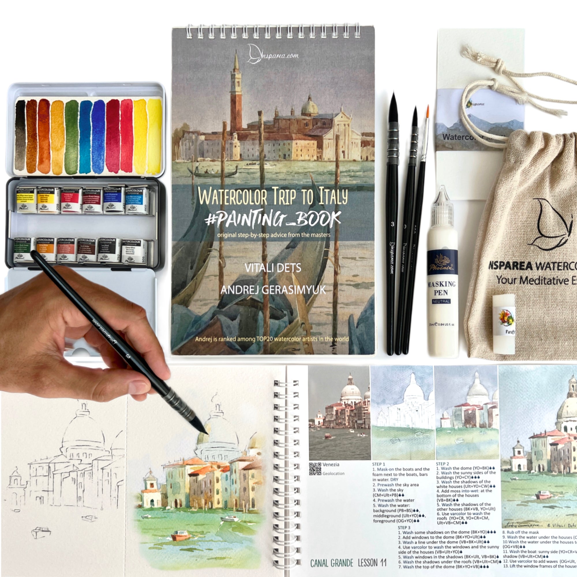 Watercolor Kit (Enhanced) with Workbook Italy 140 lb Premium Watercolor Paper PRO-level Paints Sketchbook FREE SHIP Insparea 17 Lessons