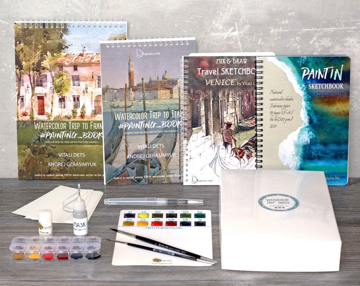 4 products (Italy, France books, Venice & PaintIN sketchbooks)